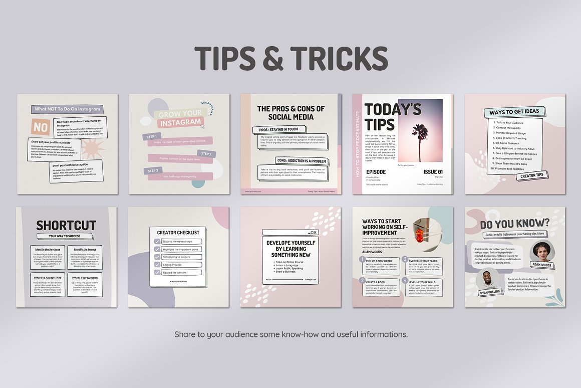 Tips & tricks square growth hacks templates set on a light purple background.