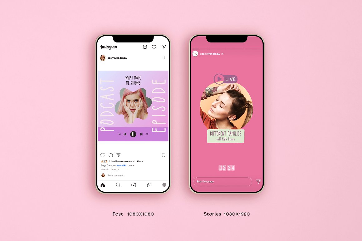 2 iphone mockups with podcast and live Instagram templates on a pink background.