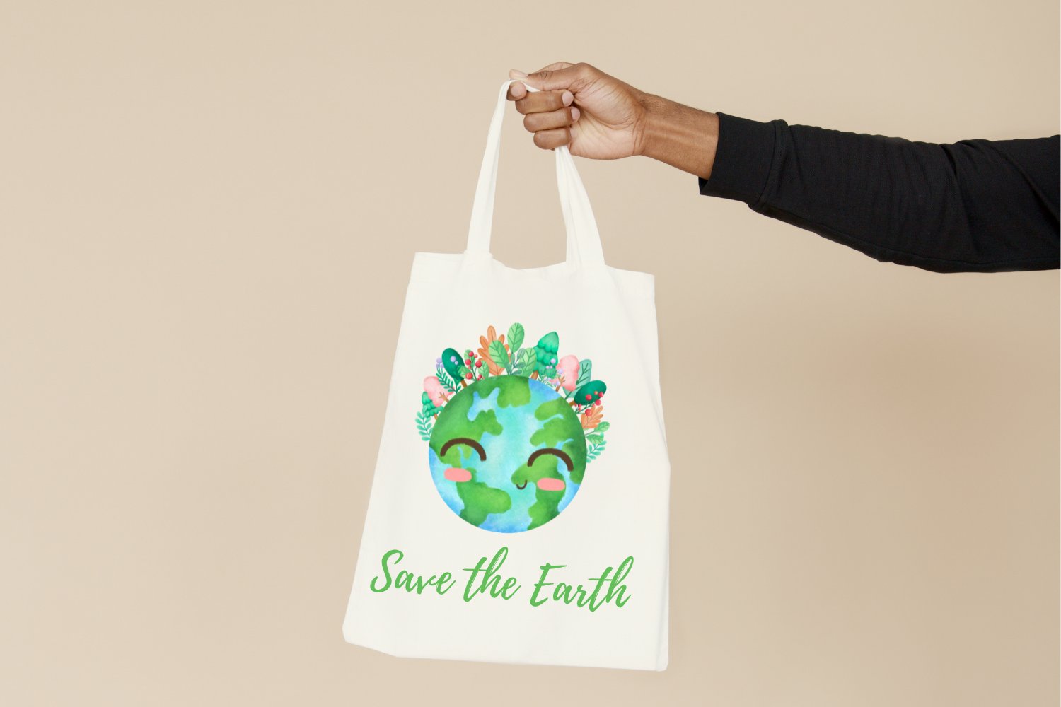 White eco bag with a planet illustration.