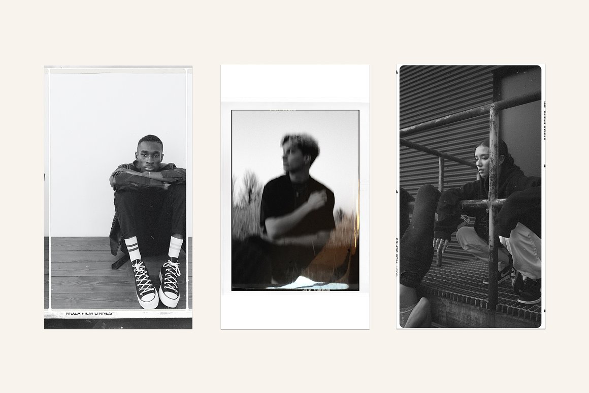 3 black and white film aesthetic photos on a gray background.