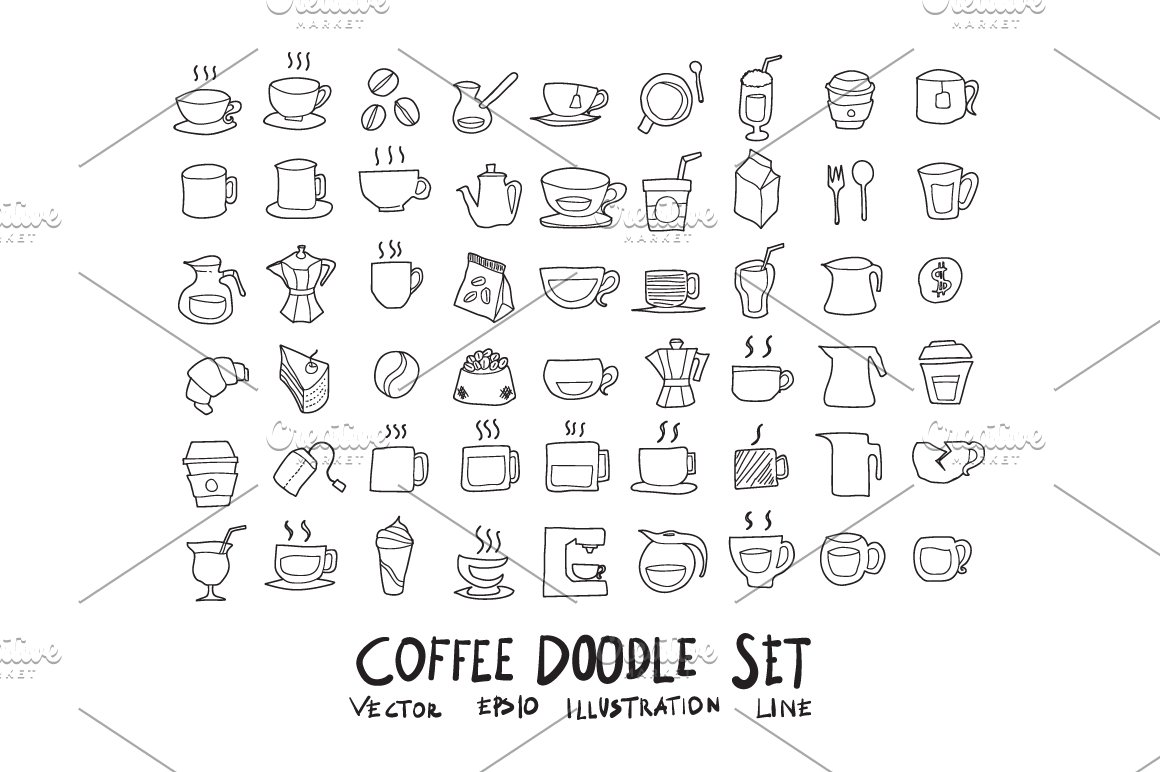Coffee black doodle icons set on a white background.