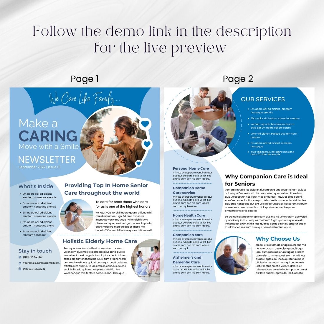 Newsletter Canva Template Elderly Care Business preview image.