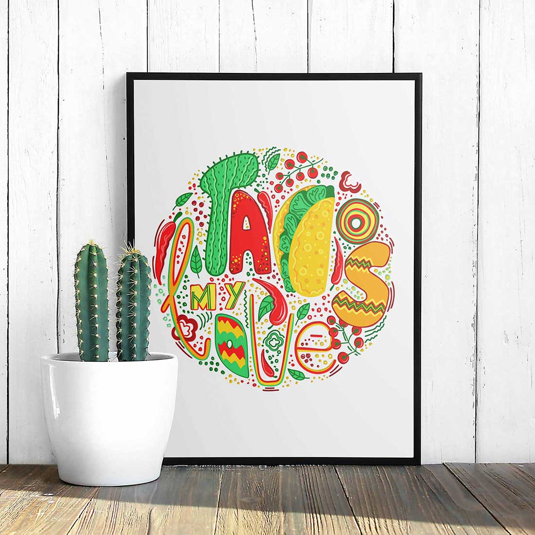 Stylish minimalistic poster with a colorful taco graphic.