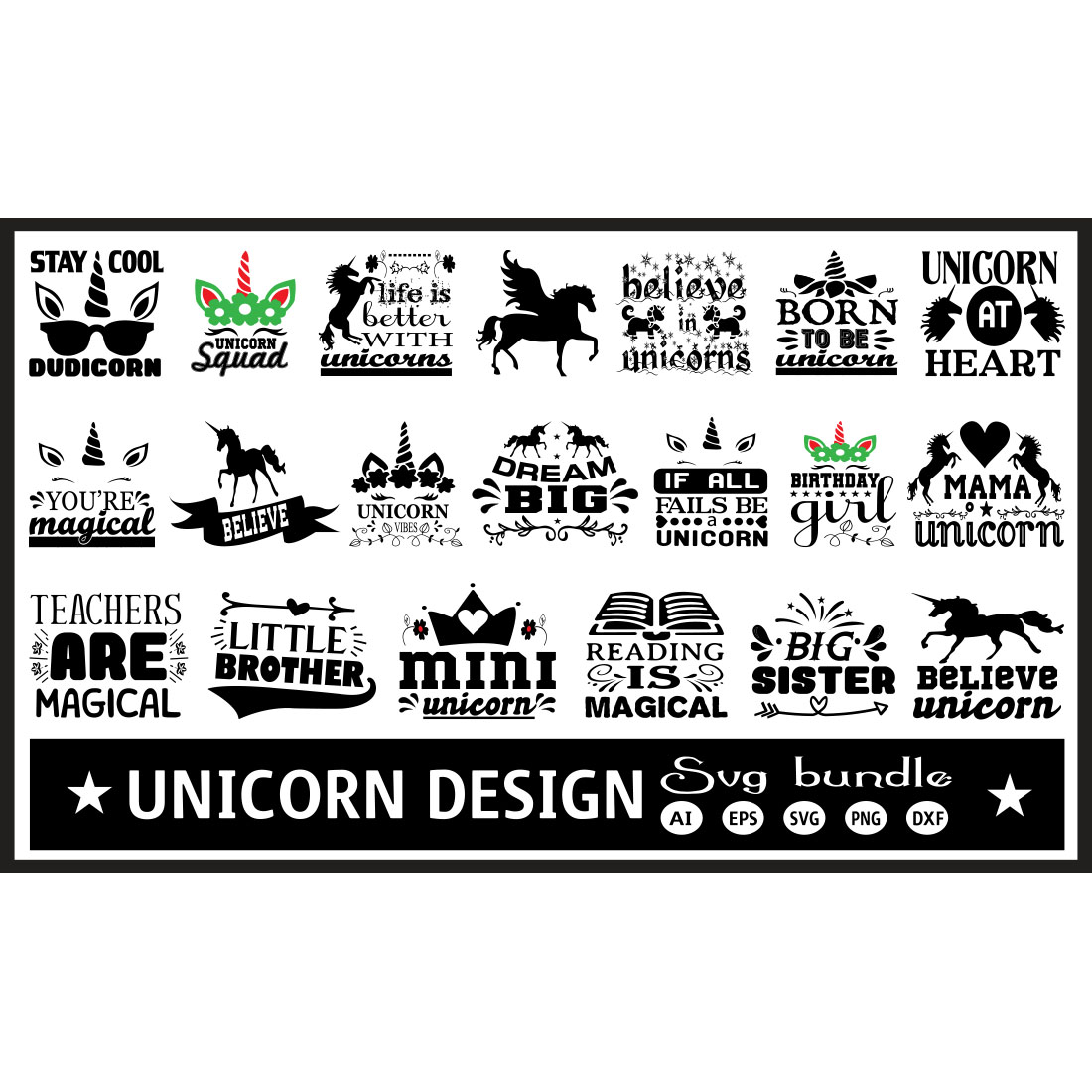 A pack of unique images for prints on the theme of unicorns