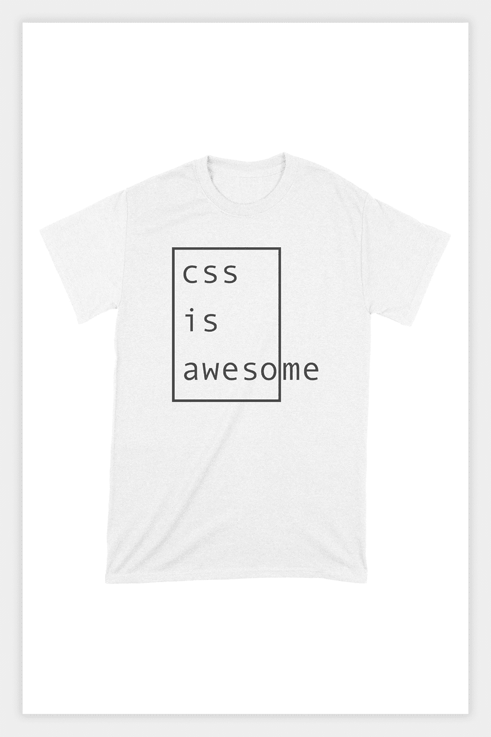White t-shirt with black rectangle and black text.