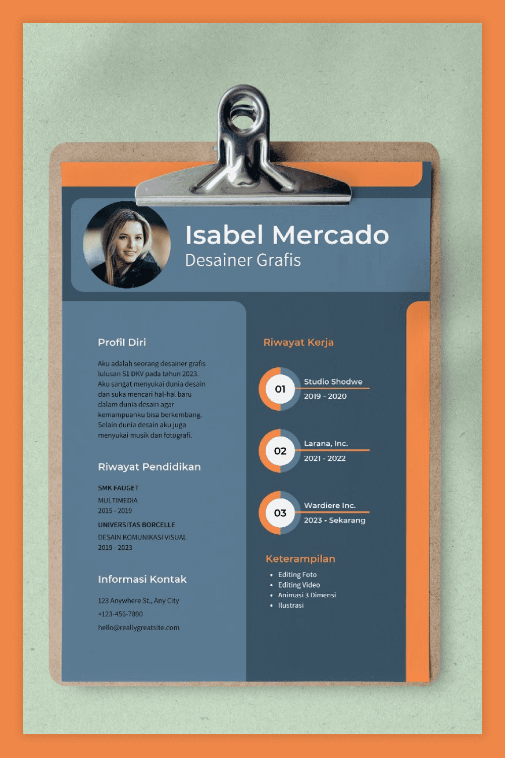 Resume page in blue with orange accents on a clipboard.
