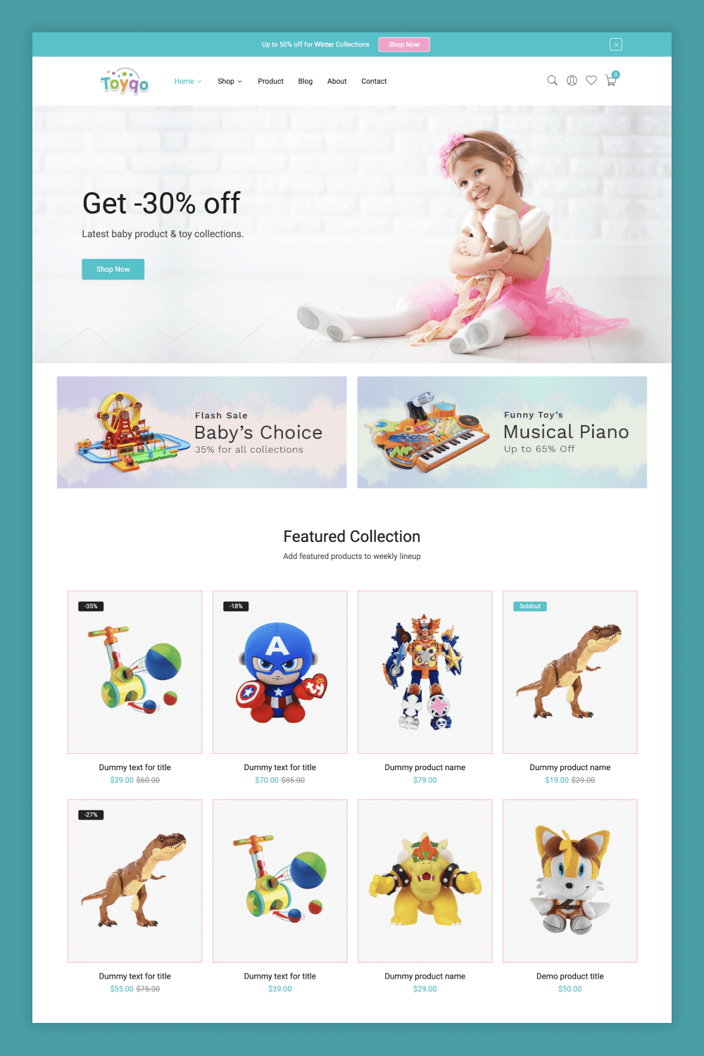 Screenshot of the main page of the goods store with bright photos of toys.