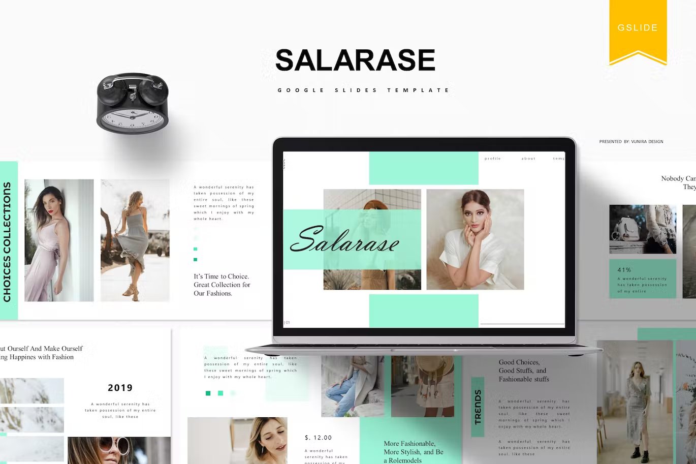 Black lettering "Salarase Google Slides Template" and different templates on a gray background.