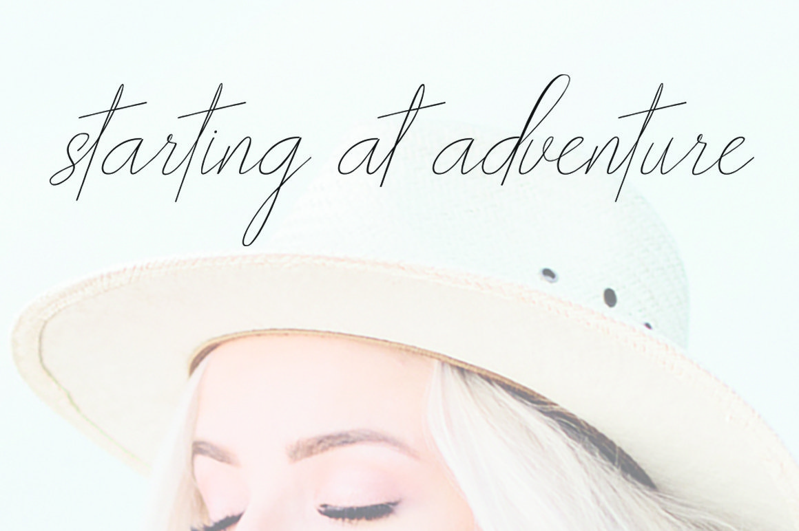 Black lettering "starting at adventure" on the photo of a girl.