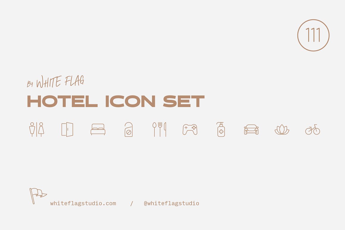 Hotel icon set of 10 different beige icons on a gray background.