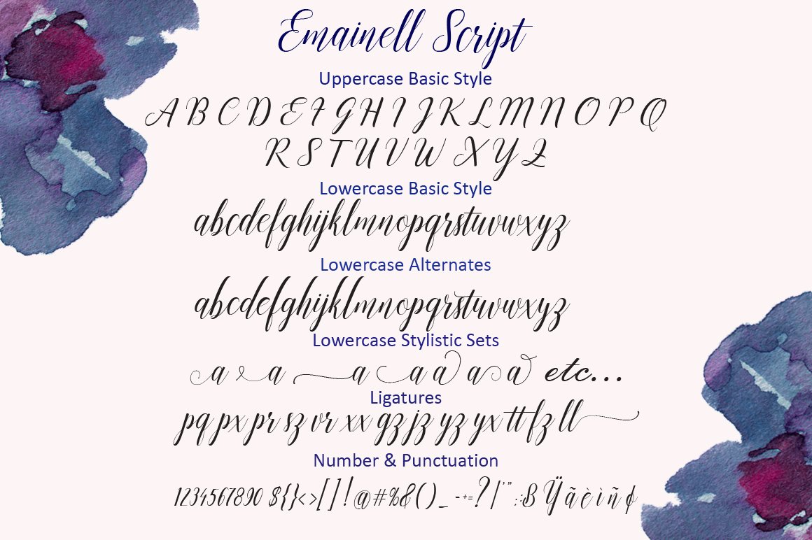 A set of black uppercase, lowercase basic style, alternates, stylistic sets, ligatures and numbers with punctuation.