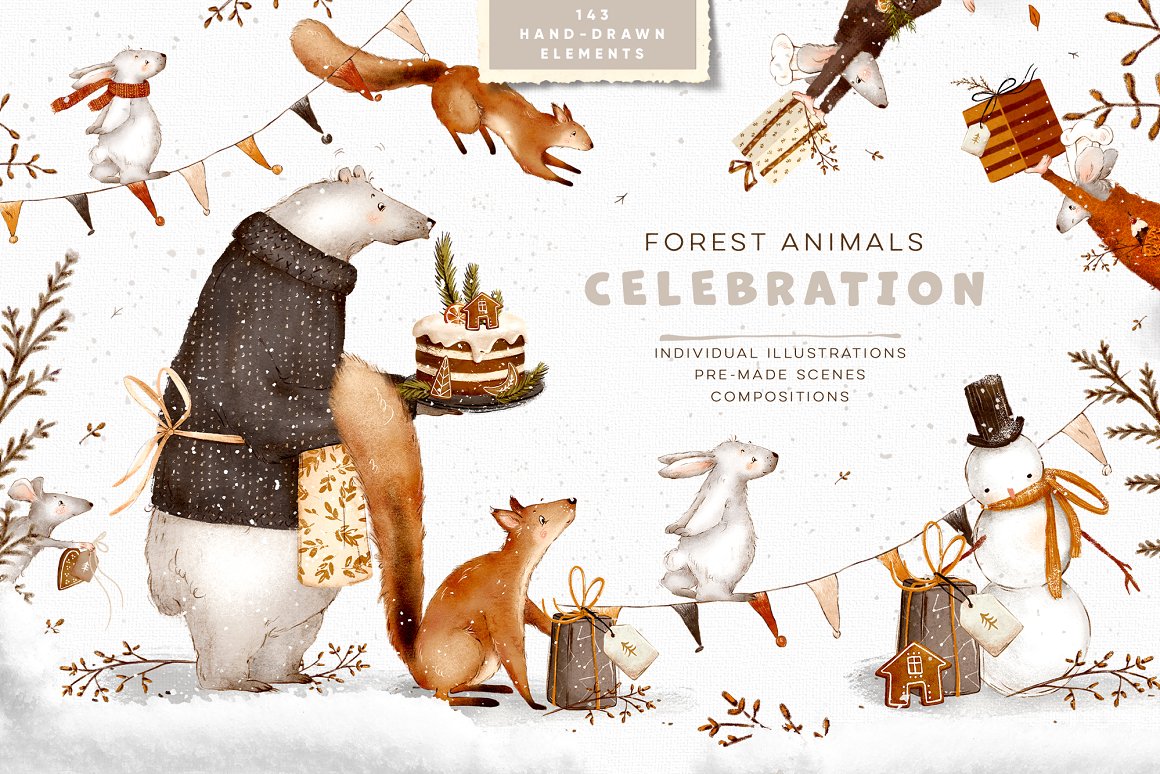 Black and gray lettering "Forest Animals Celebration" and different illustrations on a gray background.
