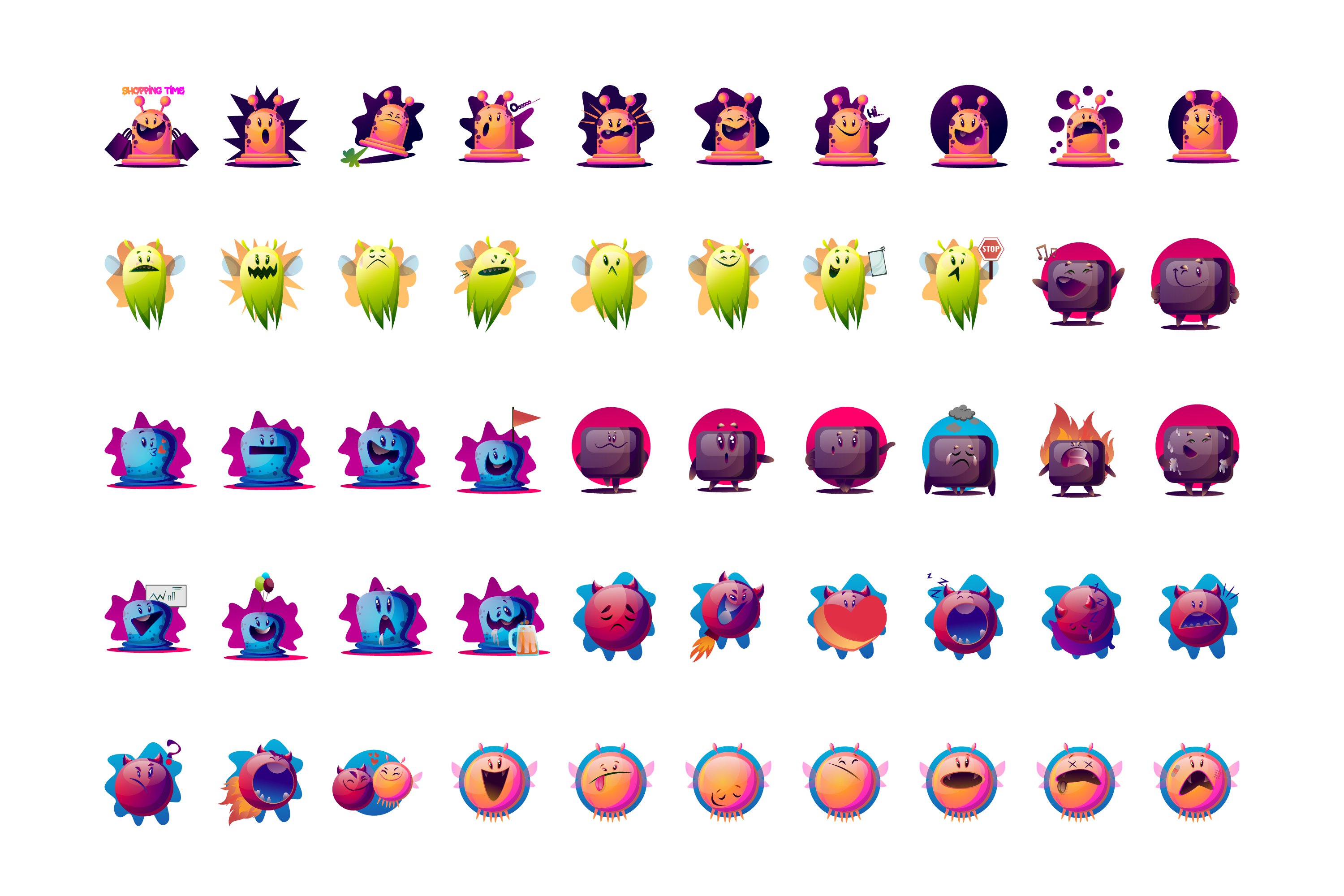 Vivid monsters icons collection.