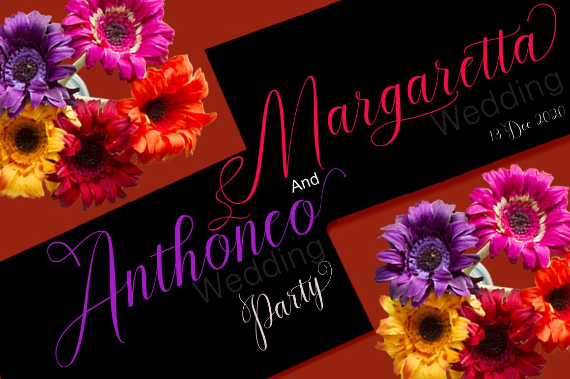 Black cards with red and purple lettering on a background with flowers.