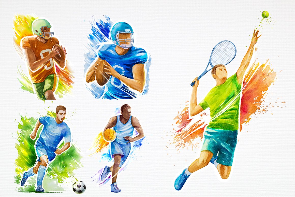 Colorful watercolor sportsmen.