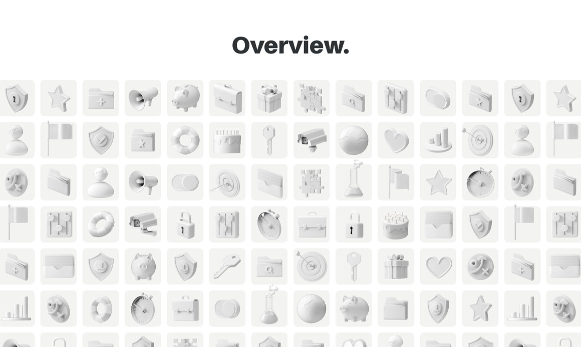 Black lettering "Overview." and different gray icons on a white background.