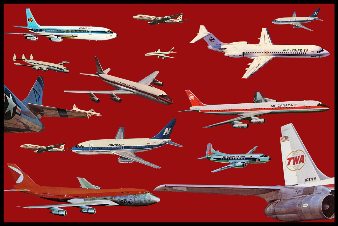 A set of different illustrations of a plane on a red background.