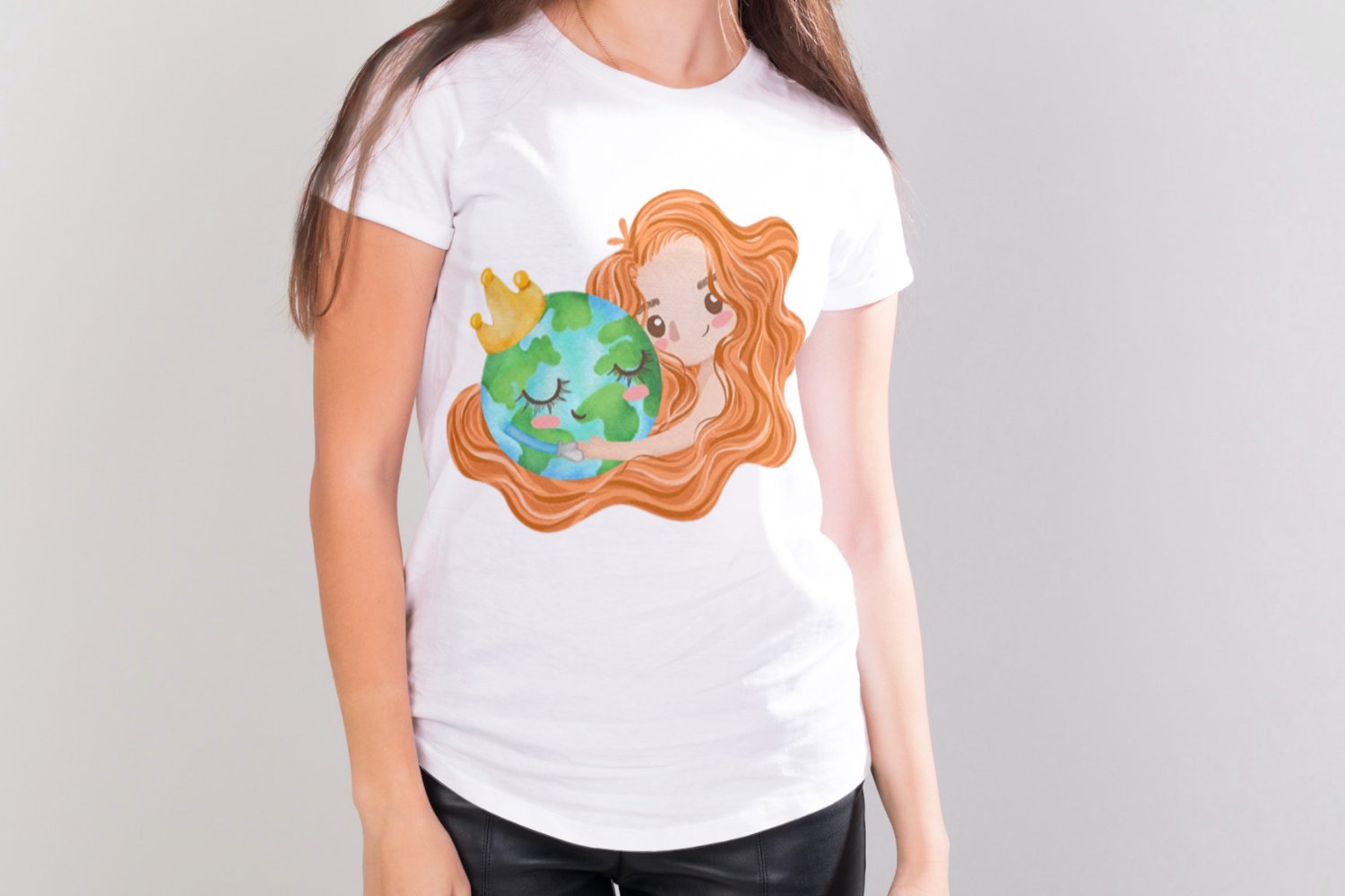 White t-shirt with a ginger girl and planet in her hug.