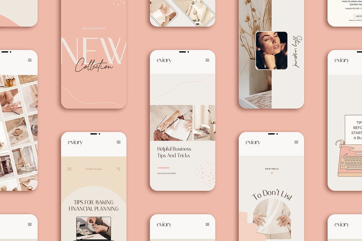 Collection of different Instagram reels templates on a pink background.