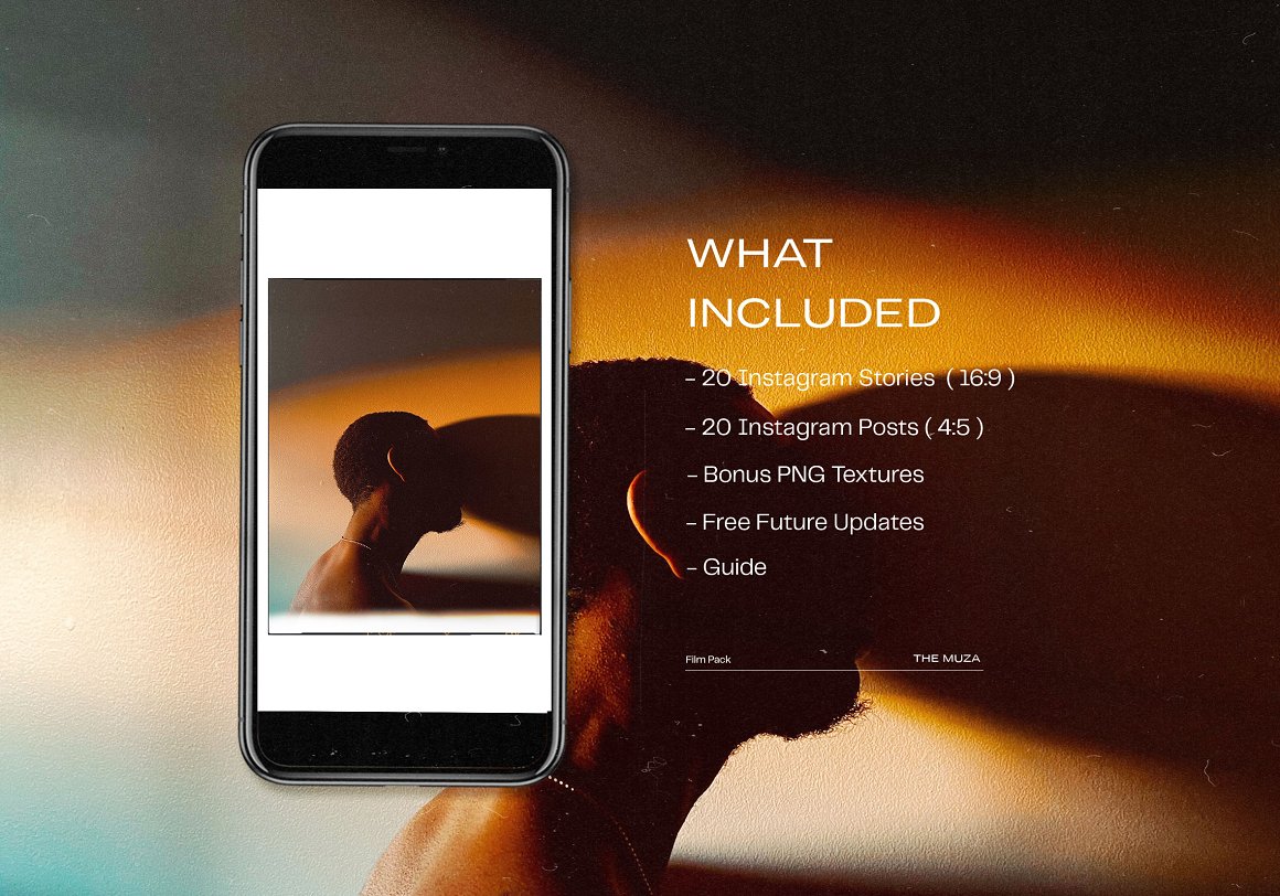 Iphone mockup with film aesthetic photo and bulleted list of "What Included".