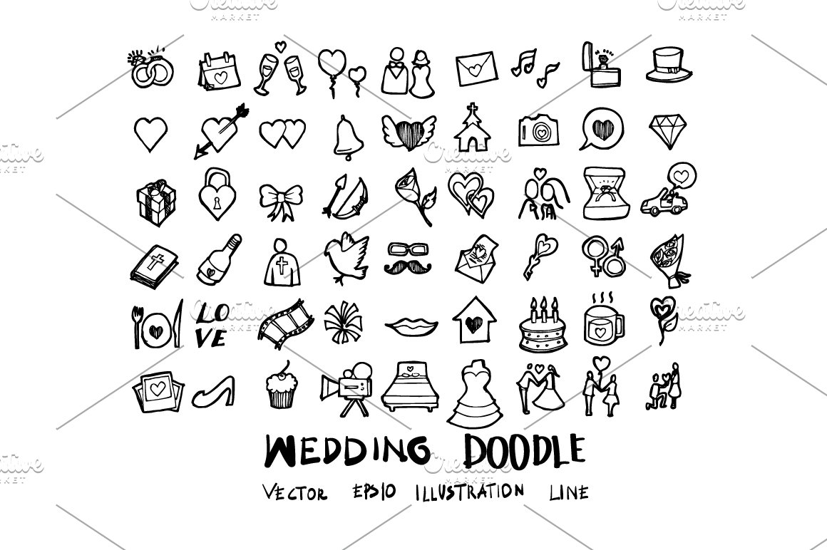 Wedding black doodle icons bundleon a white background.