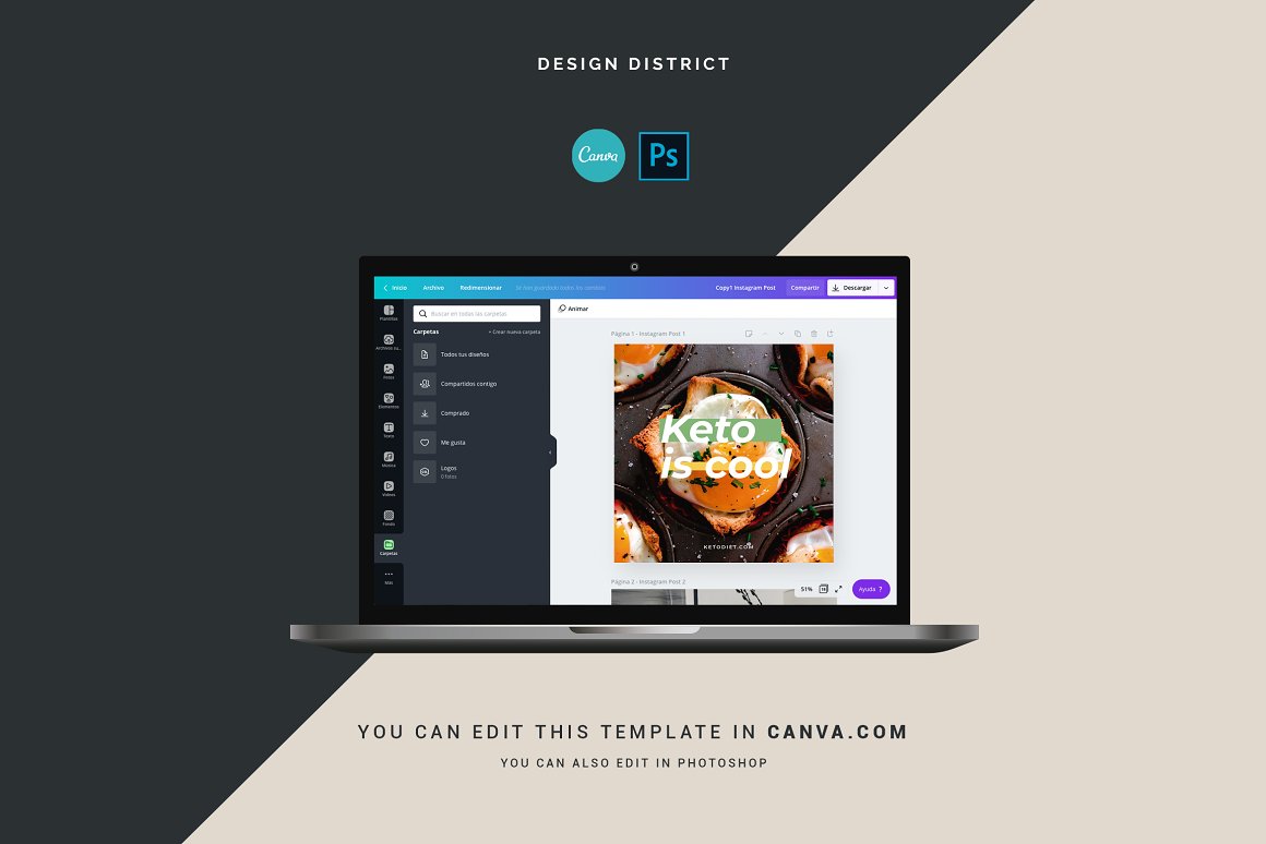 Mockup of laptop with Canva project of Instagram post on a dark and light gray background.
