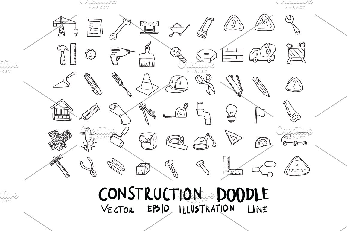 Construction black doodle icons clipart on a white background.