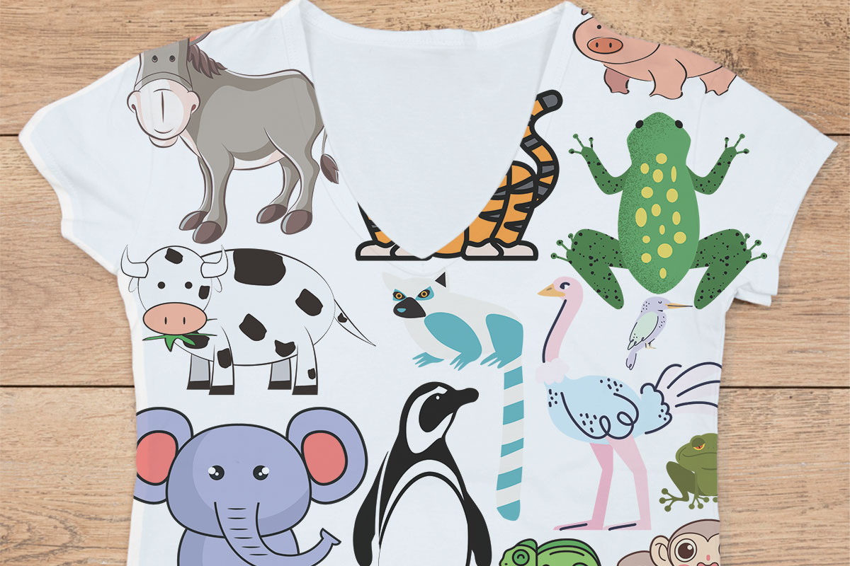 Cute colorful animals on a white t-shirt.