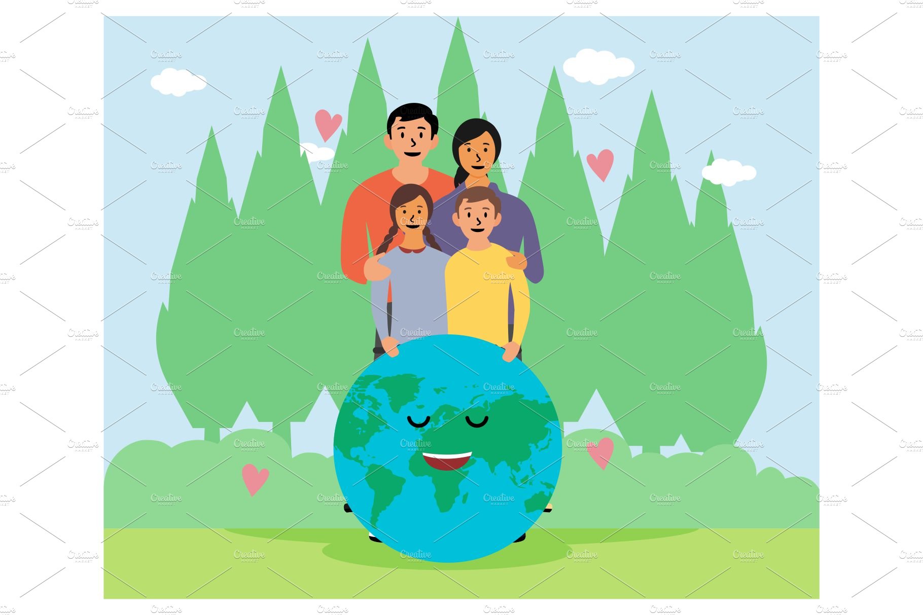 Happy family hugging the Planet.