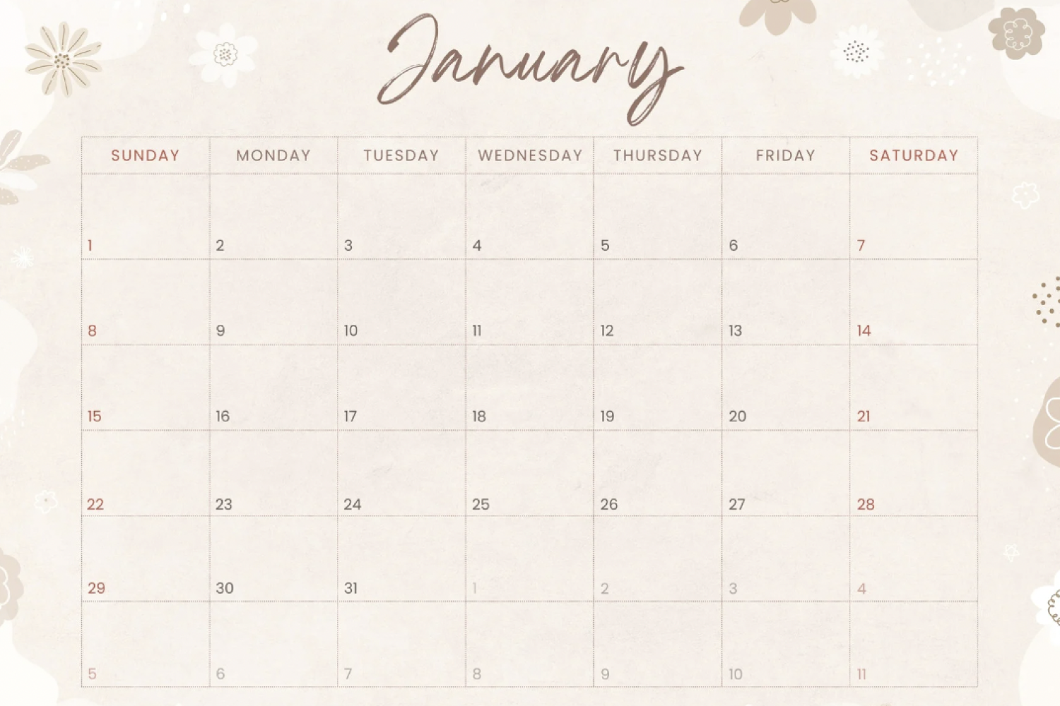 January calendar with beige background and flowers.