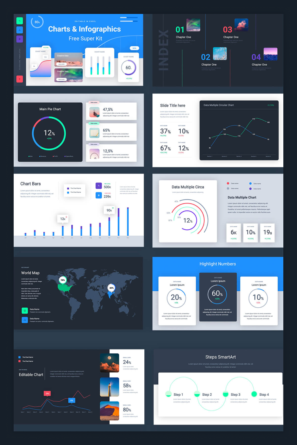 Collage with presentation pages in dark colors and different infographic.
