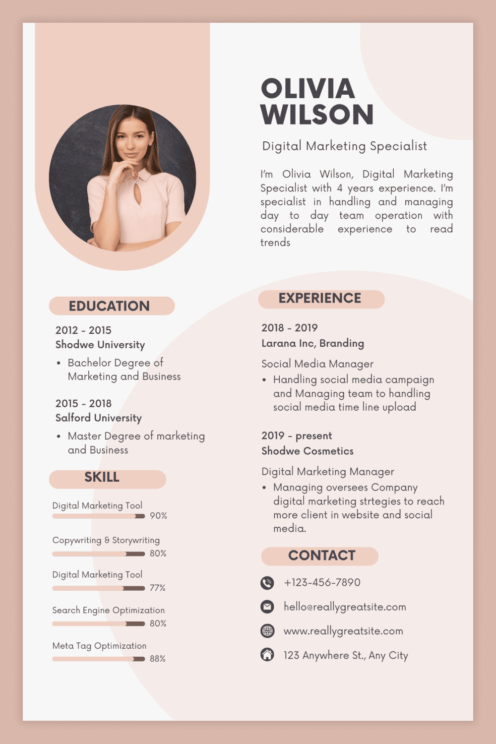 Resume page with round photo, two columns and pink graphic elements.
