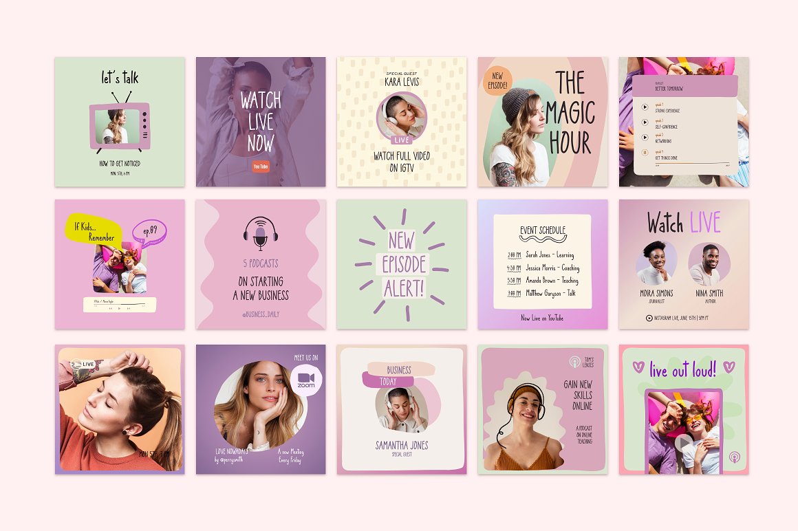 15 different colorful Instagram templates of podcast and live on a pink background.