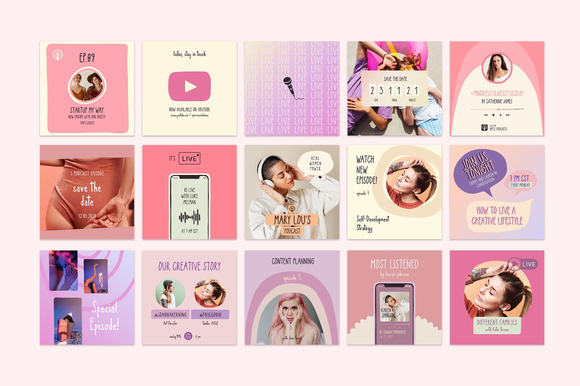 Bundle of 15 different Instagram templates of podcast and live on a pink background.