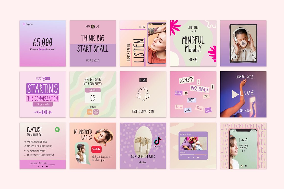 Pack of 15 colorful Instagram posts of podcast and live on a pink background.