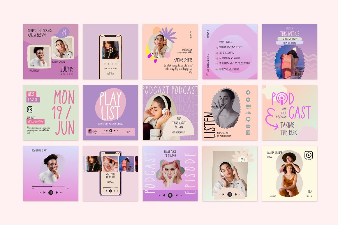 Colorful kit of 15 different Instagram templates of podcast and live on a pink background.