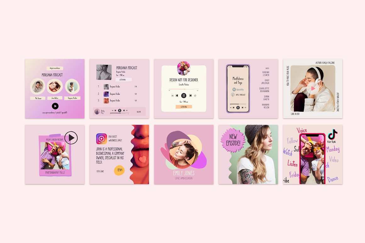 10 colorful podcast and live Instagram posts on a pink background.