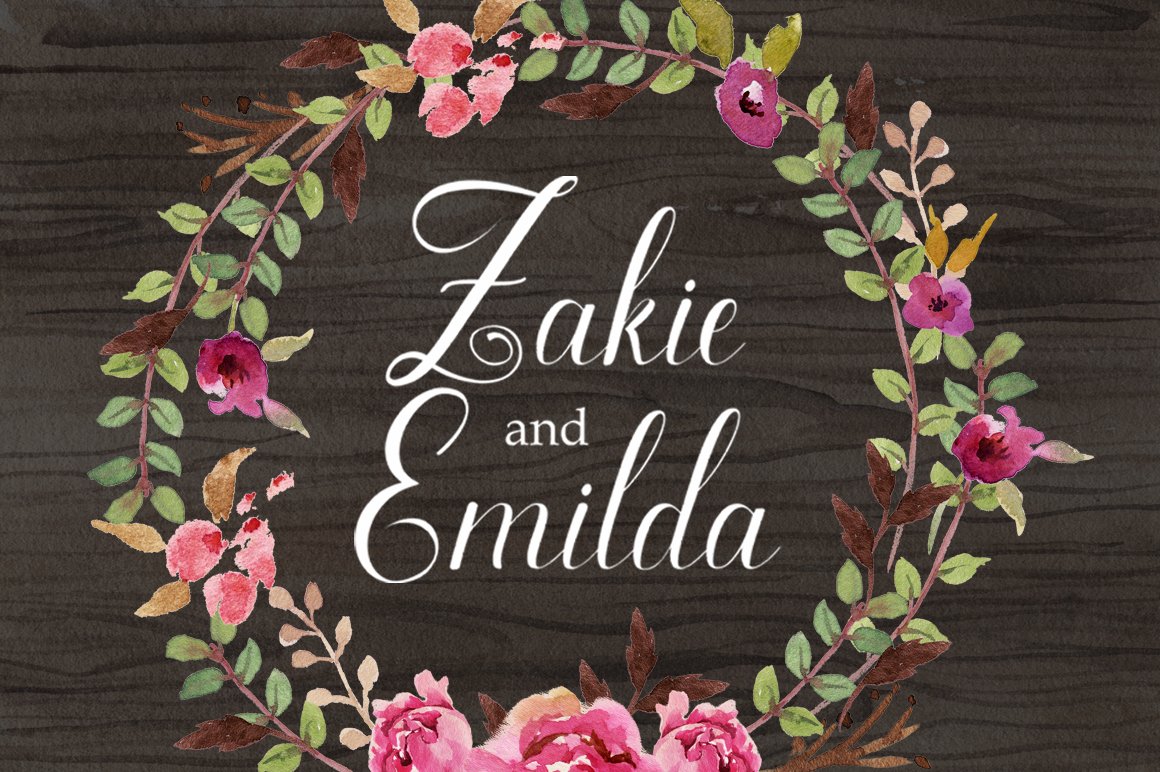 White lettering "Zakie and Emilda" on a wooden background in floral wreath.