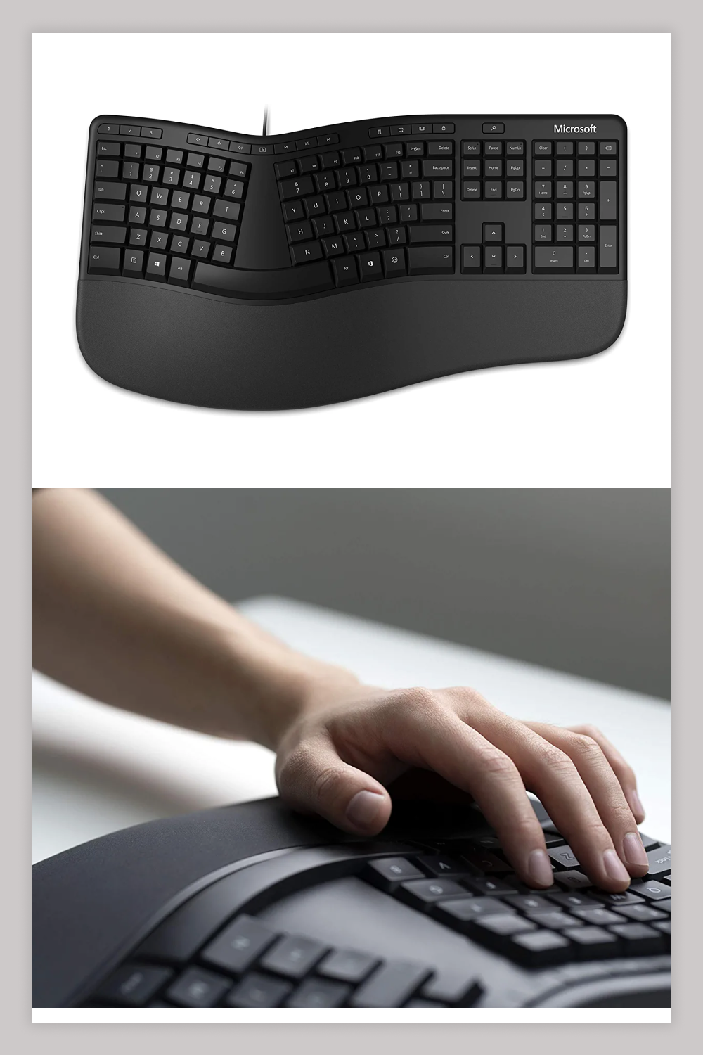 Wired black Microsoft Ergonomic Keyboard.