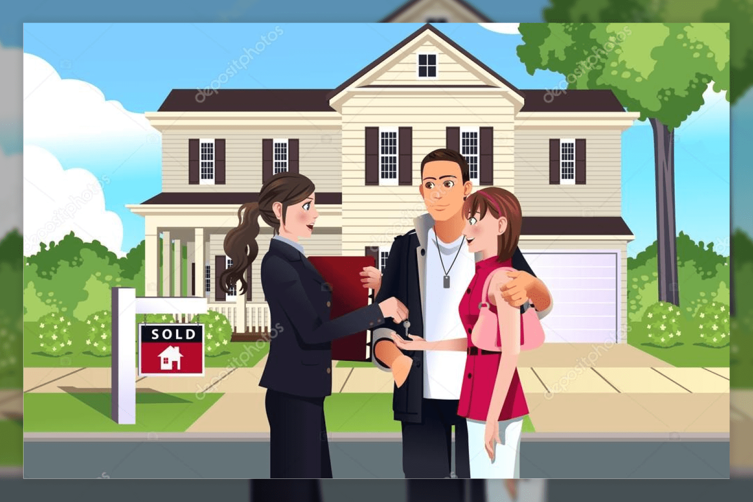 87 real estate agent in front of a sold house with her customer 650
