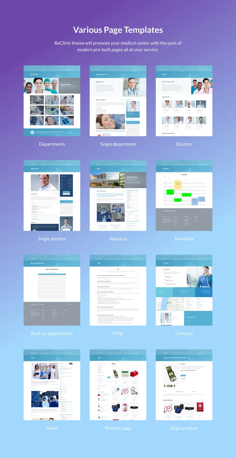 White lettering "Various Page Templates" and 12 templates on a gradient background.