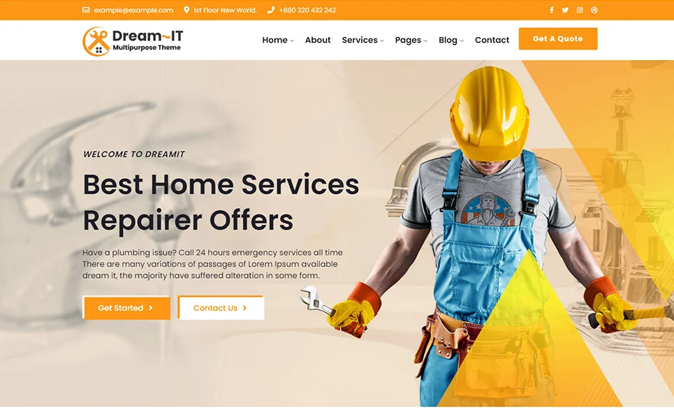 Page with banner and header of dreamit handyman electrician and plumbing repair.