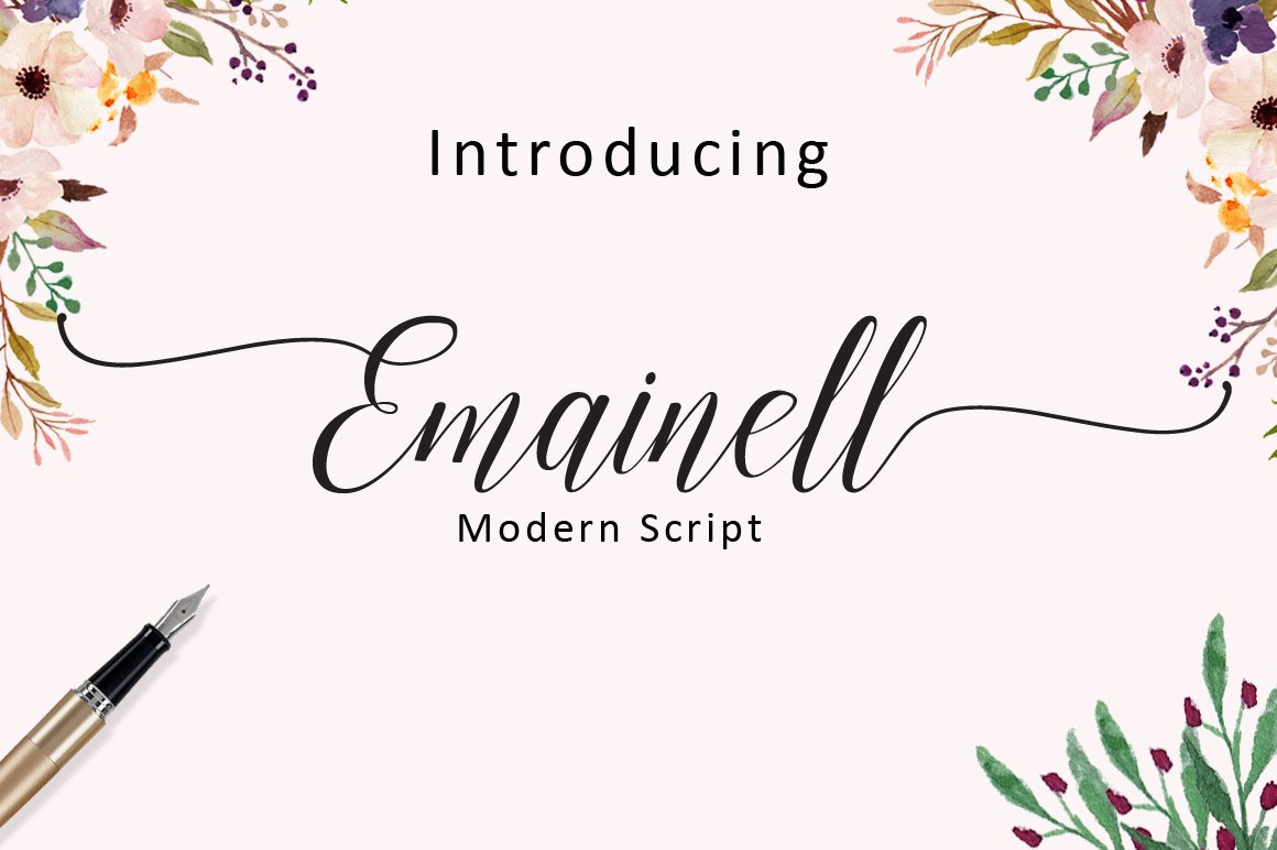 Black calligraphy lettering "Emainell" on a pink background with flowers.