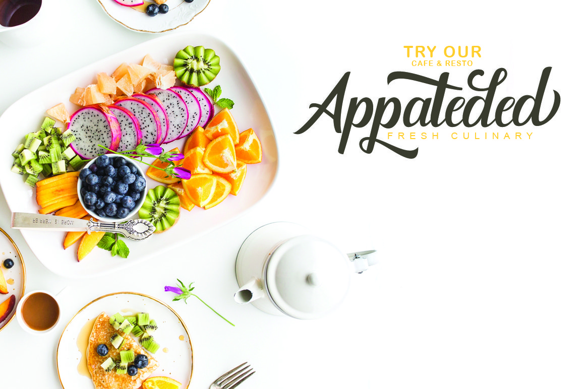 White lettering "Appateded" on the image of food.