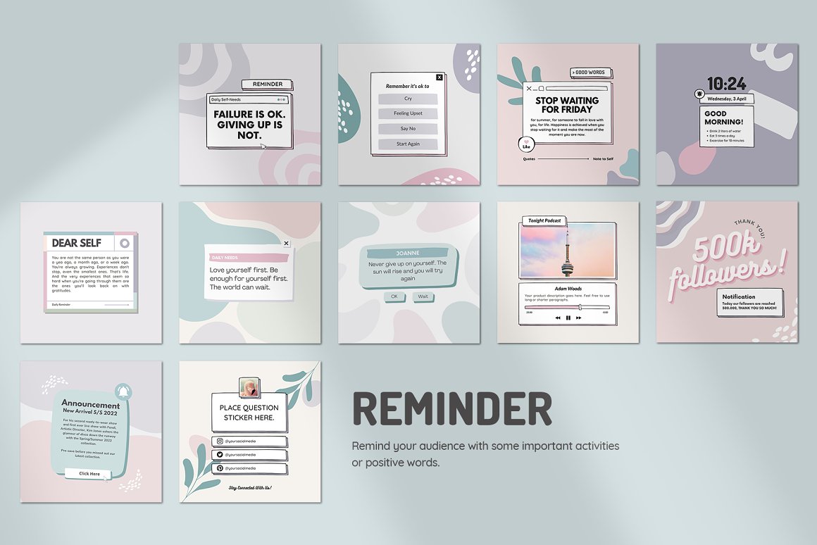 Reminder square Instagram infographics set on a light blue background.
