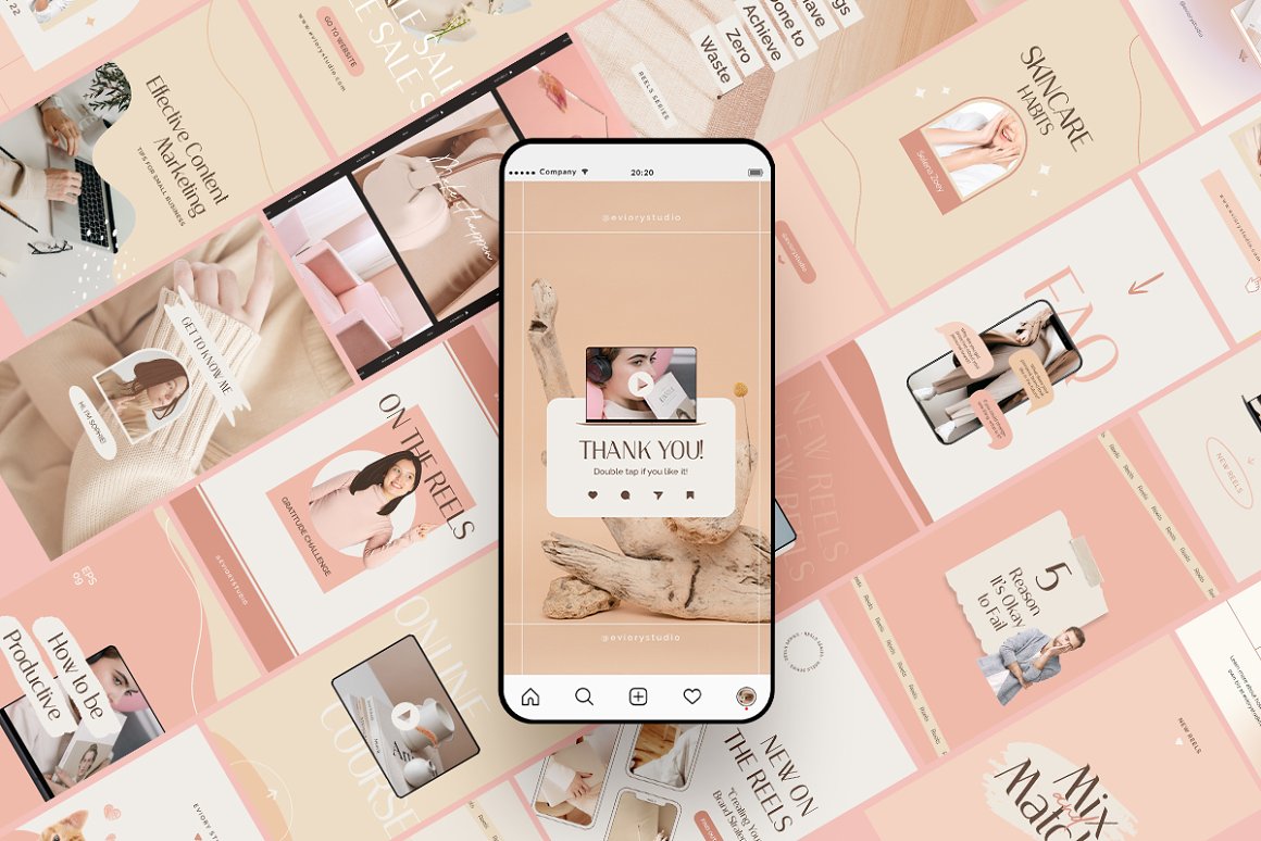 Phone mockup with Instagram page on a pink background.