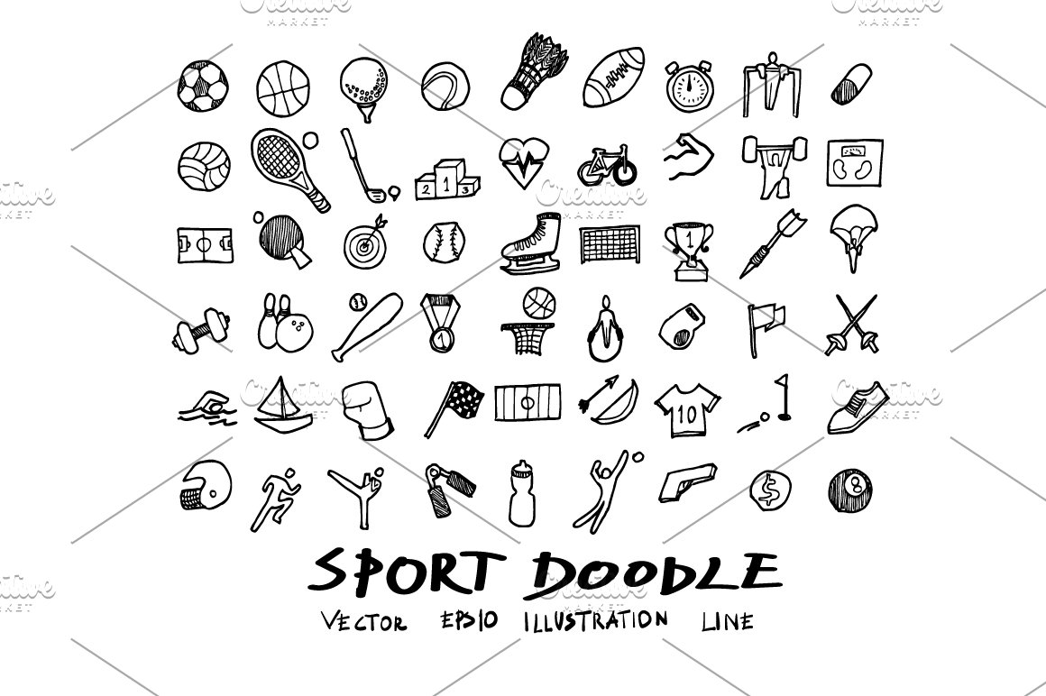 Sport black doodle icons kit on a white background.