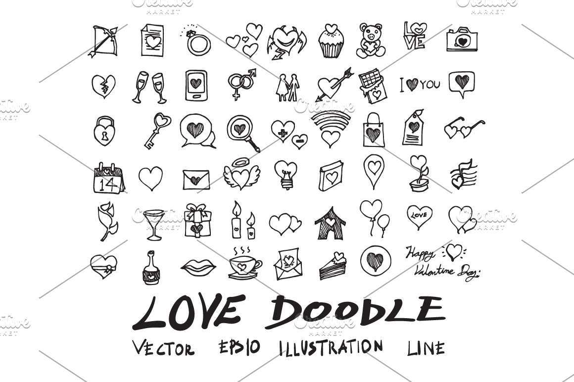 Love black doodle icons pack on a white background.