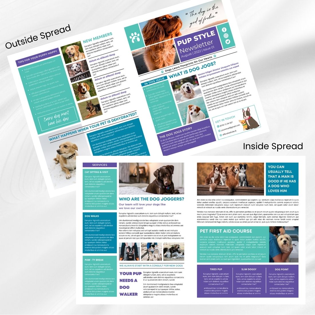 Dog Pets Newsletter Canva Template preview image.