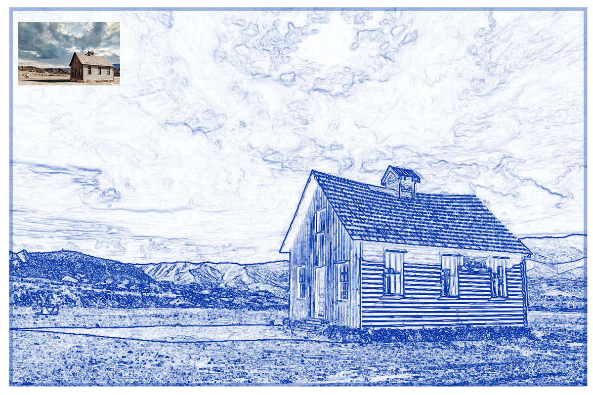 Image with an example of converting a photo into a charming architectural sketch